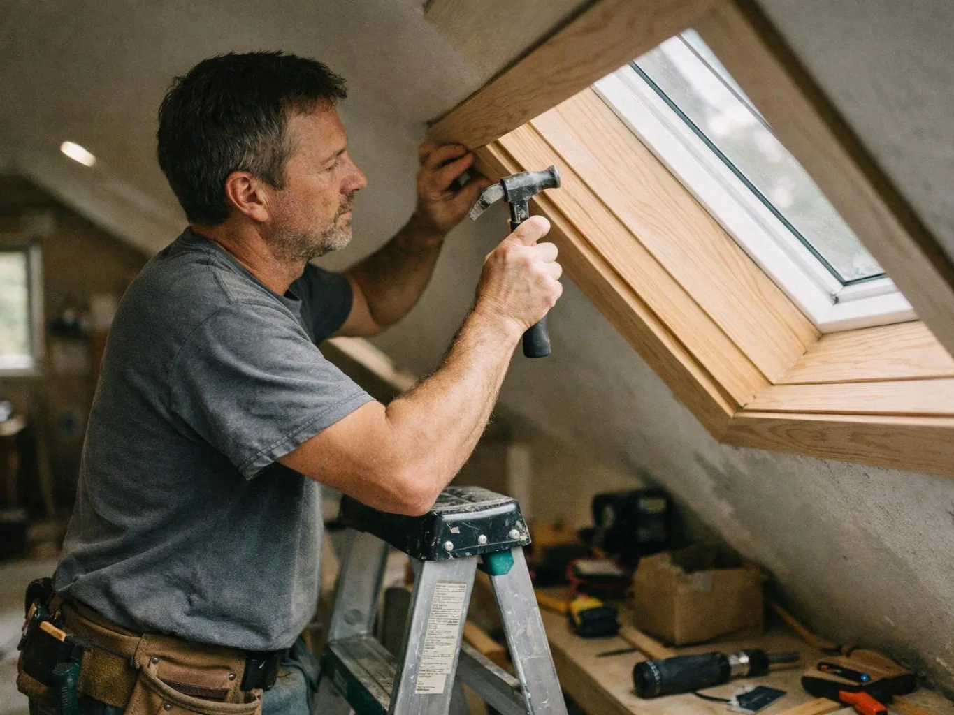 A man on a ladder hammers trim around a skylight in a sloped attic room