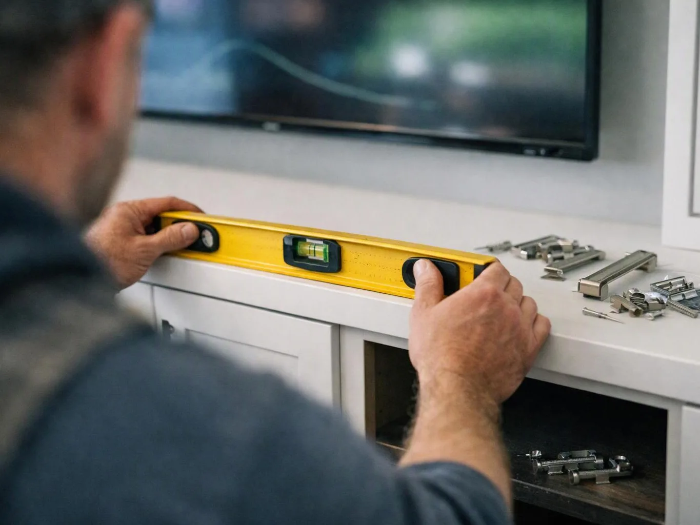 A man levels a white cabinet with a yellow spirit level beside scattered metal hardware inside a room