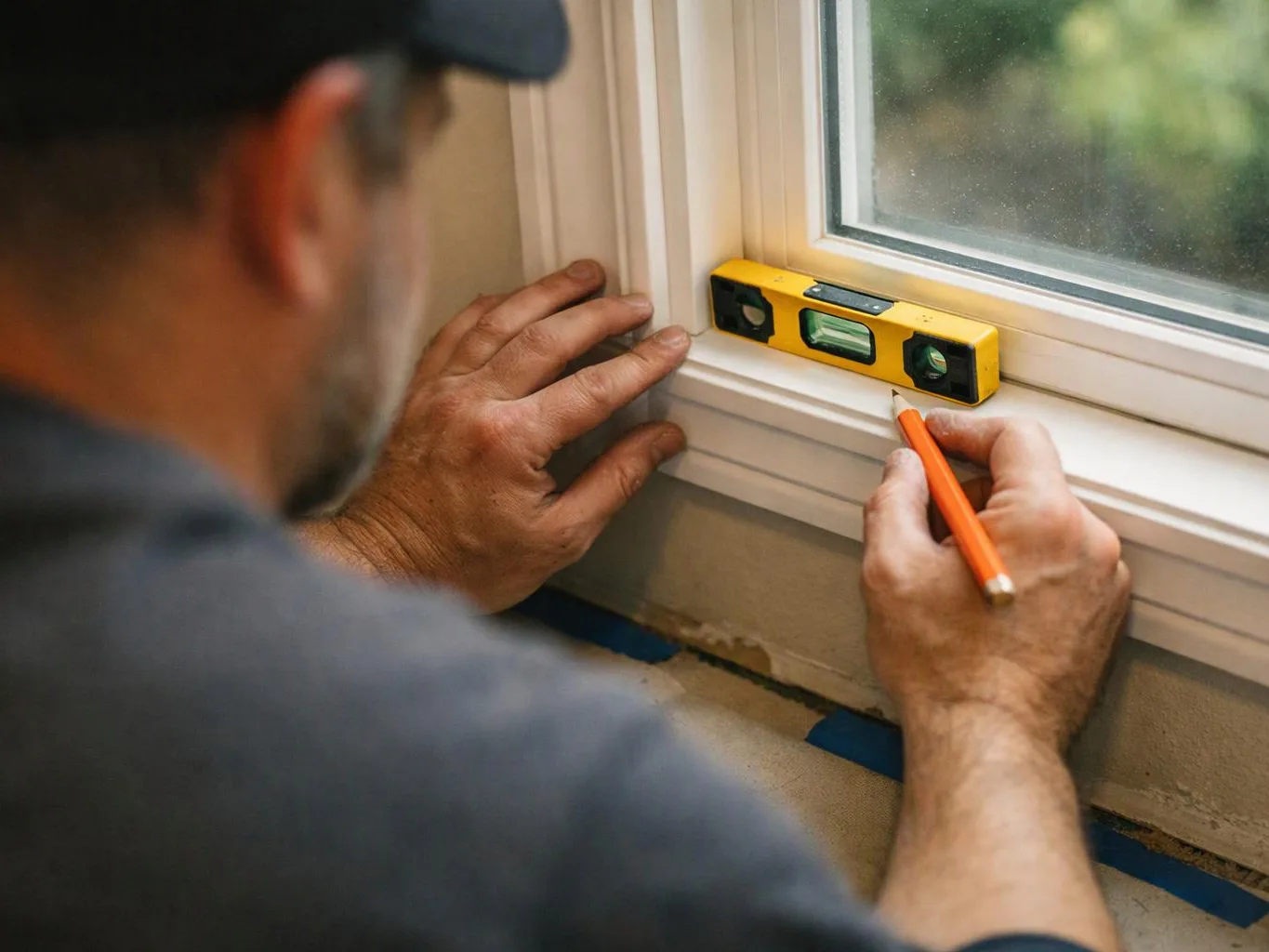 A man marks a window frame with a pencil while checking a small level on the sill