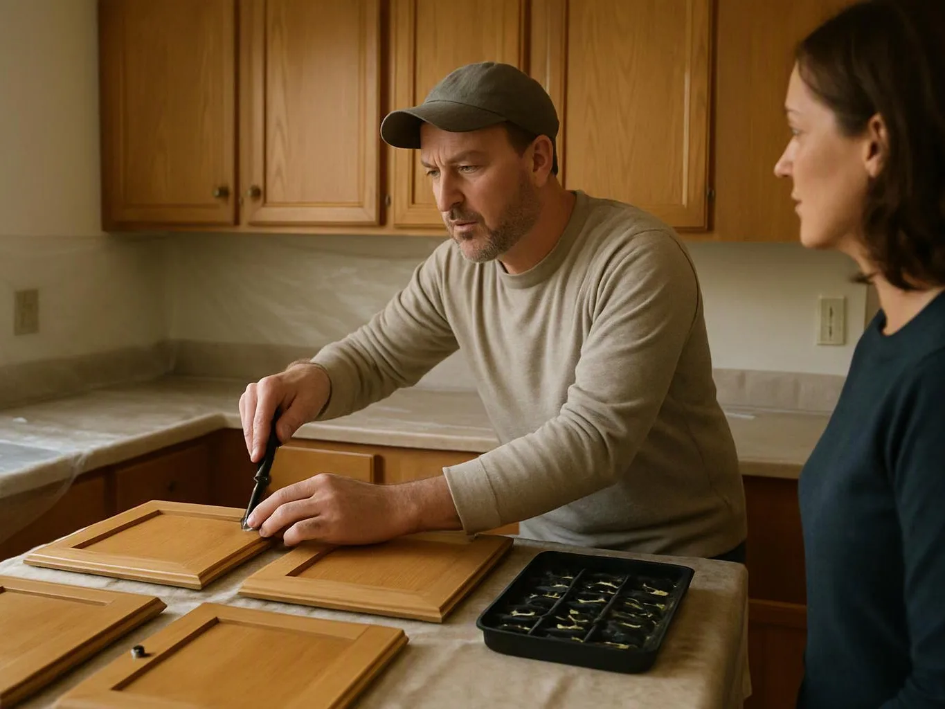 A man paints a cabinet door at a kitchen table while a woman watches nearby