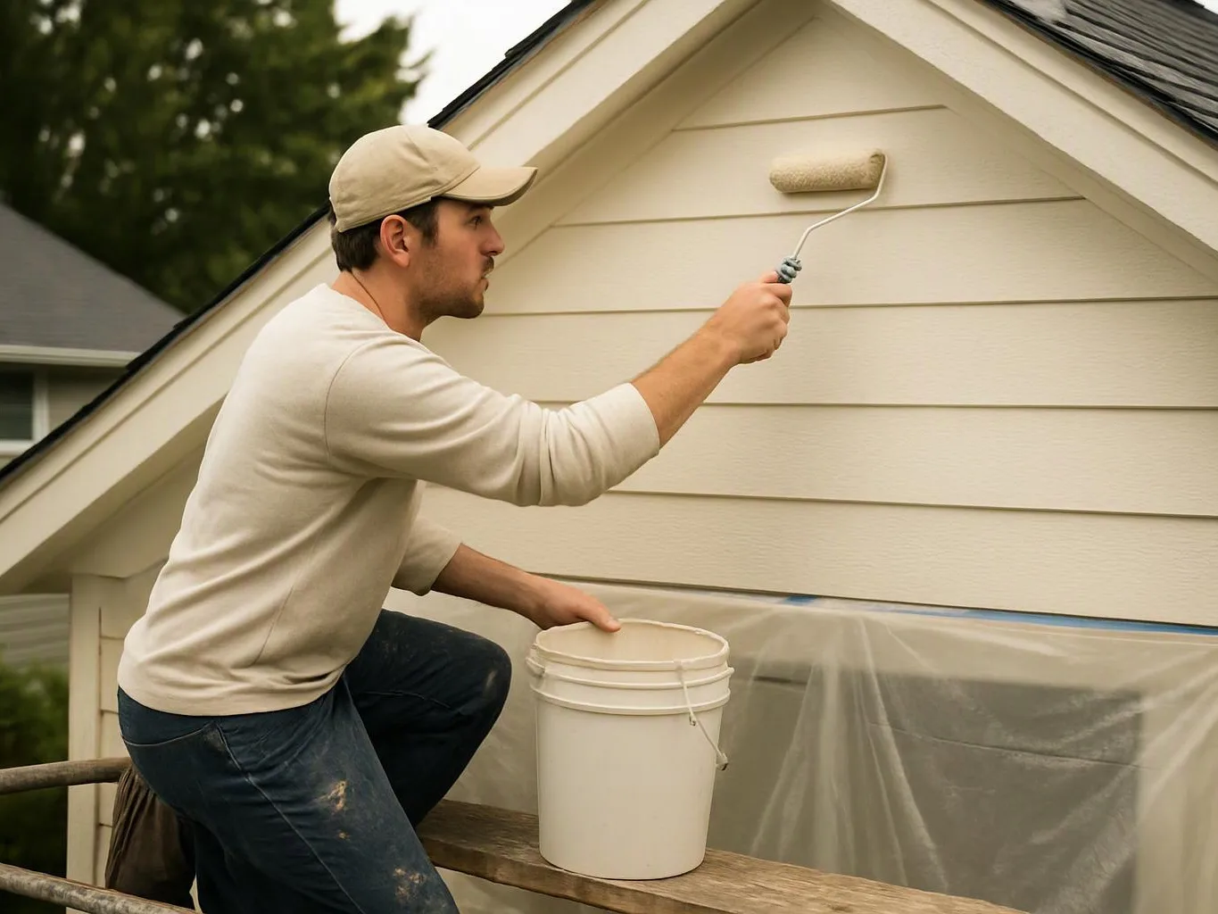 A man paints the gable siding of a house while kneeling on a scaffold beside a bucket