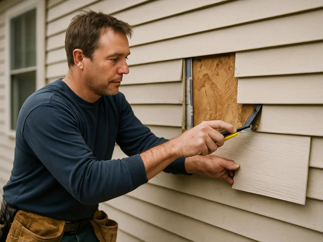 A man pries off siding on a house, exposing plywood beneath during exterior repair work