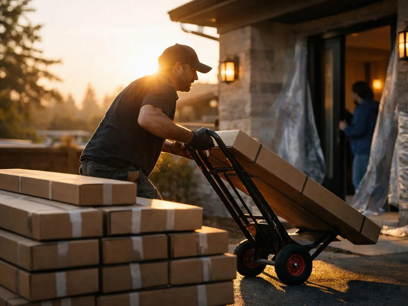 A man pushes a hand truck loaded with boxes beside stacked packages outside a house at sunset
