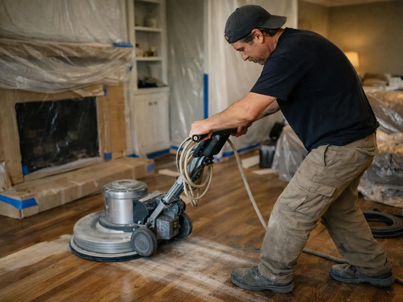 A man sands a hardwood floor with a large machine inside a room covered in plastic sheeting