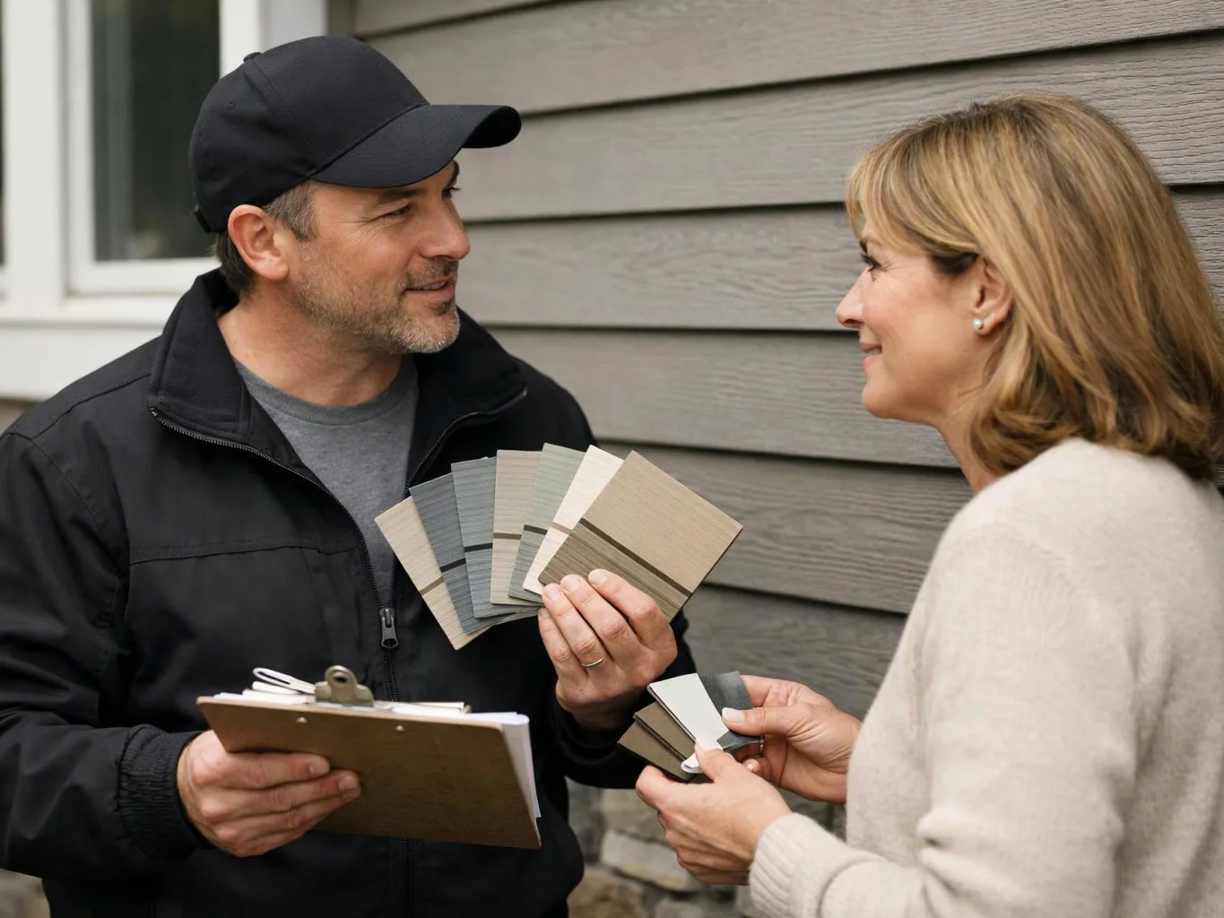 A man shows paint swatches and a clipboard to a woman beside a house wall