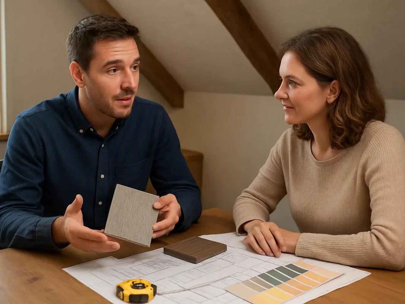 A man shows a square tile while a woman studies house plans and color samples at a table