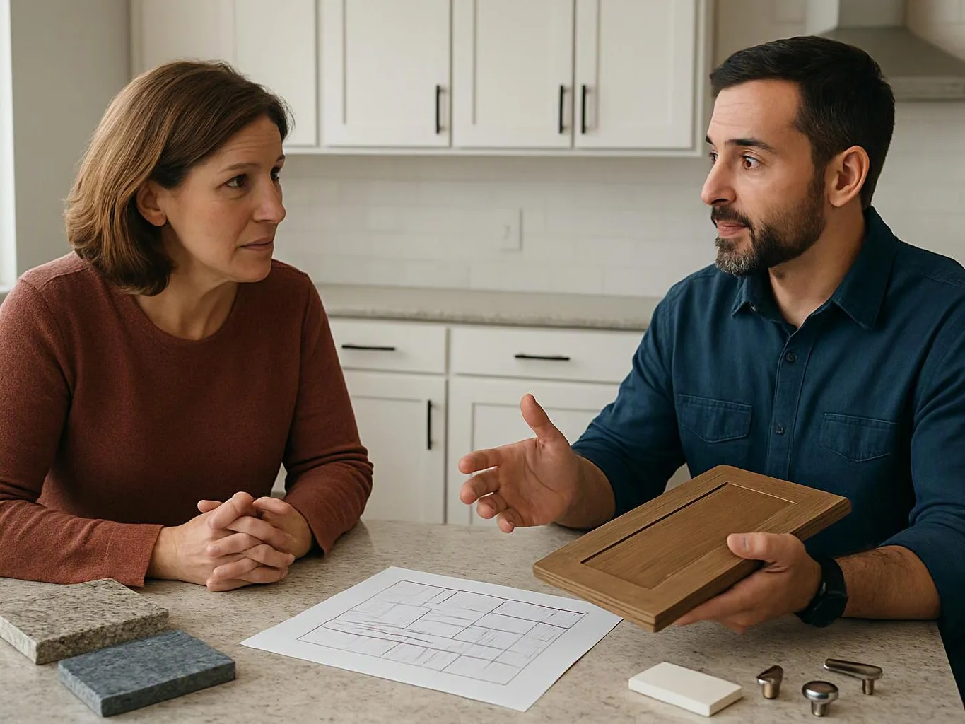 A man shows a wooden cabinet door sample and drawings to a woman at a kitchen counter