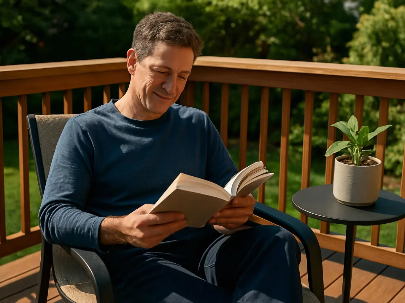 A man sits on a wooden deck reading a book beside a small potted plant in sunlight