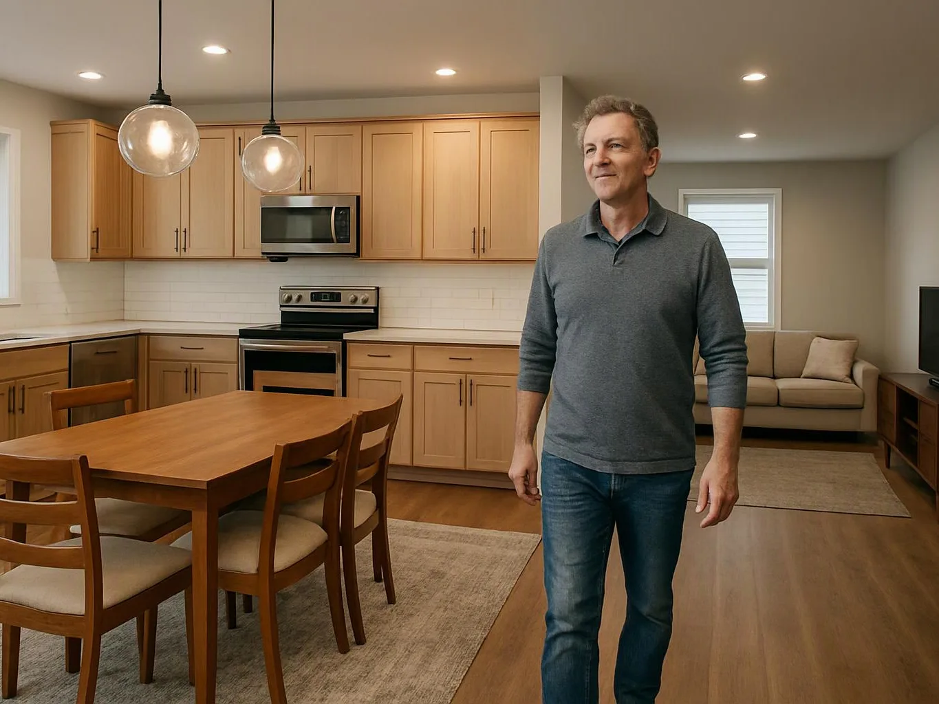 A man stands in a bright kitchen and dining area beside a wooden table and beige sofa