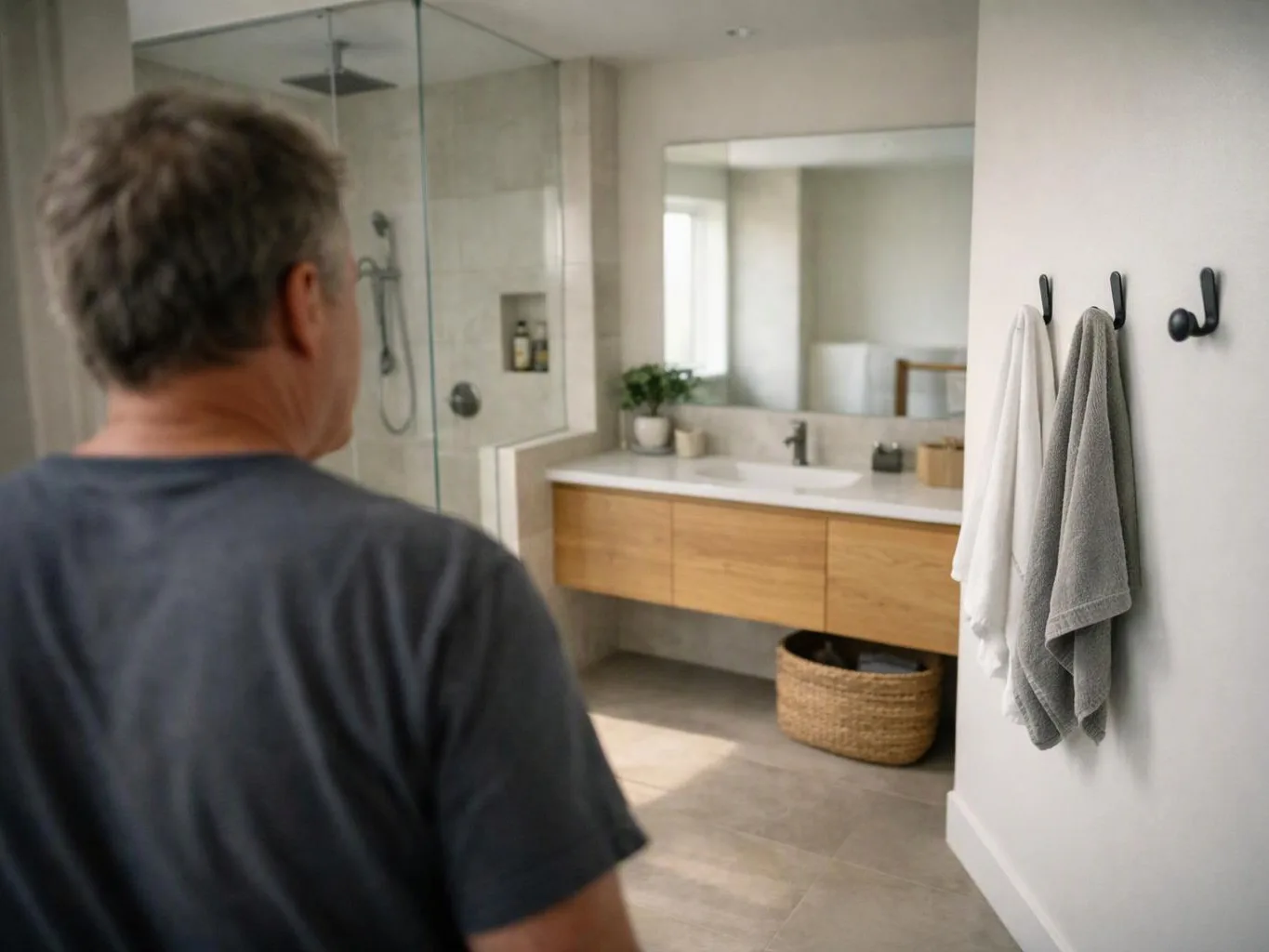 A man stands in a modern bathroom, facing a wooden vanity, mirror, and glass shower area