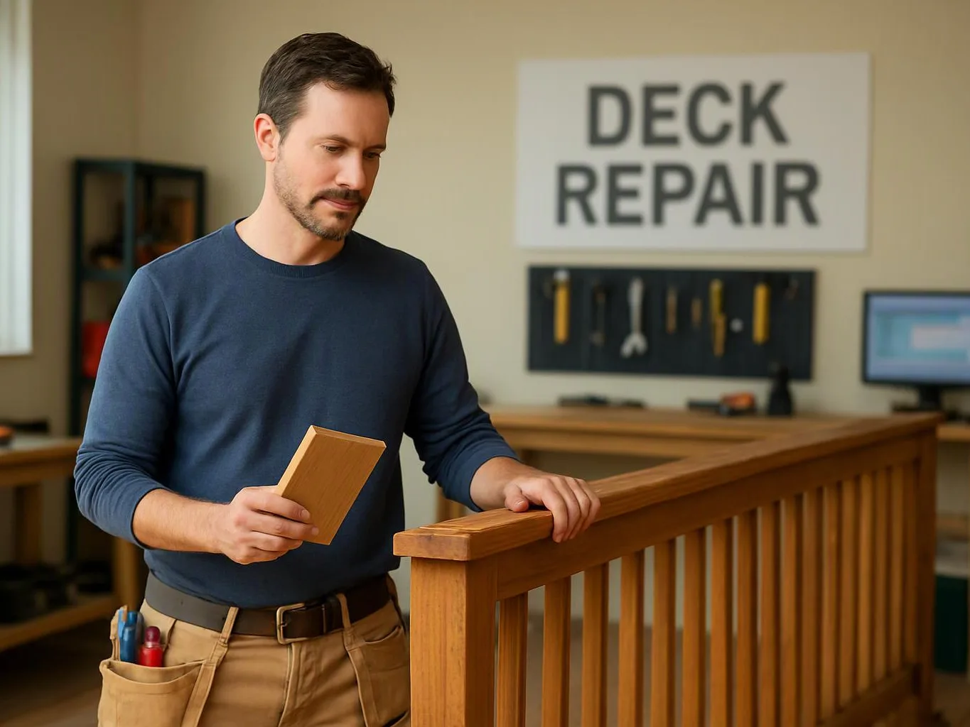 A man studies a wooden sample while resting a hand on a deck railing in a workshop with a deck repair sign