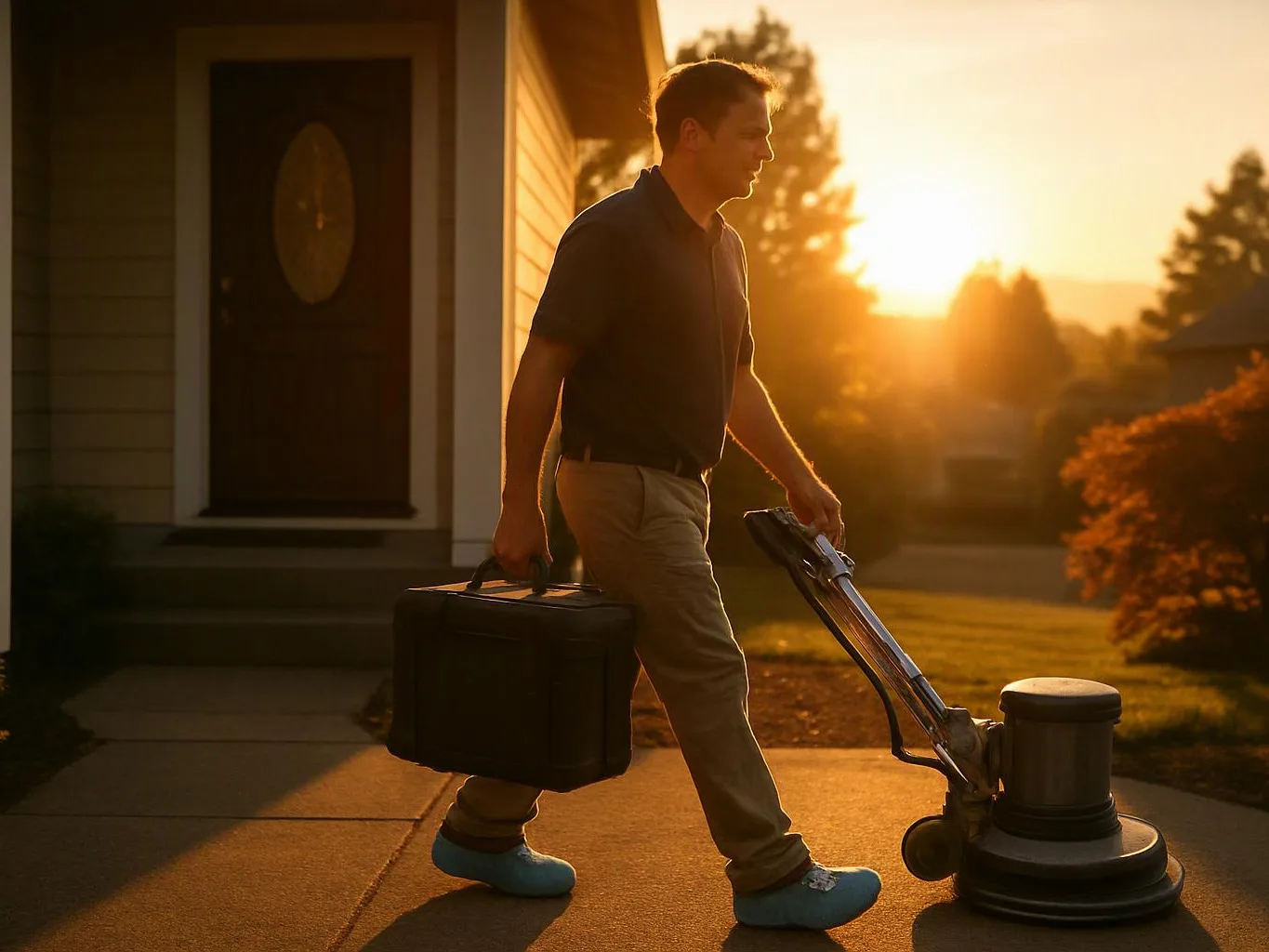 A man walks beside a driveway at sunset, carrying a case and pushing a floor polisher