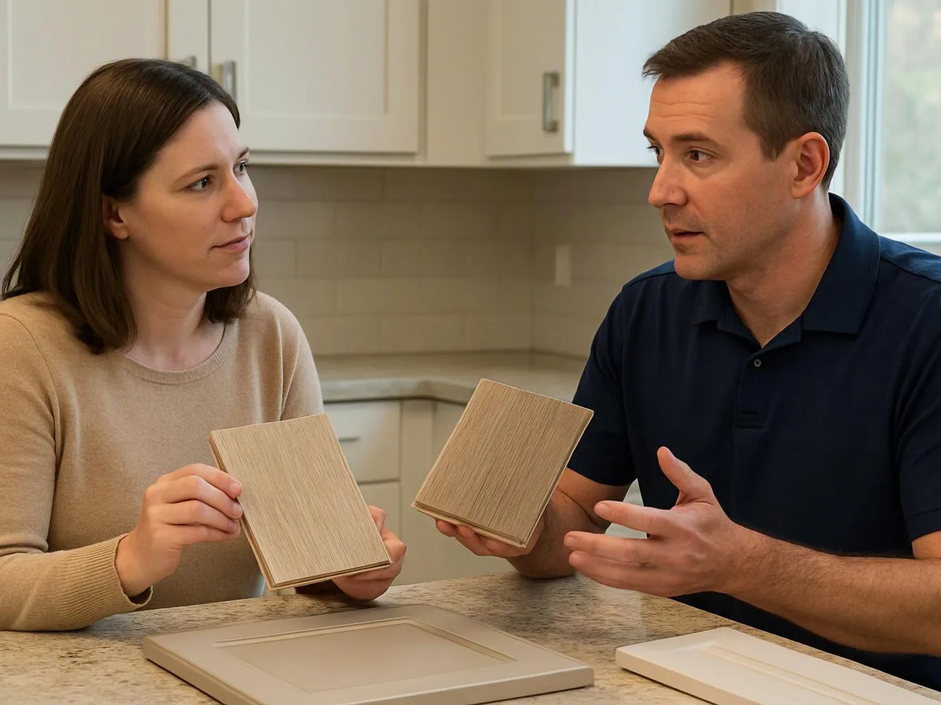 A man and woman compare cabinet door samples at a kitchen counter under bright light