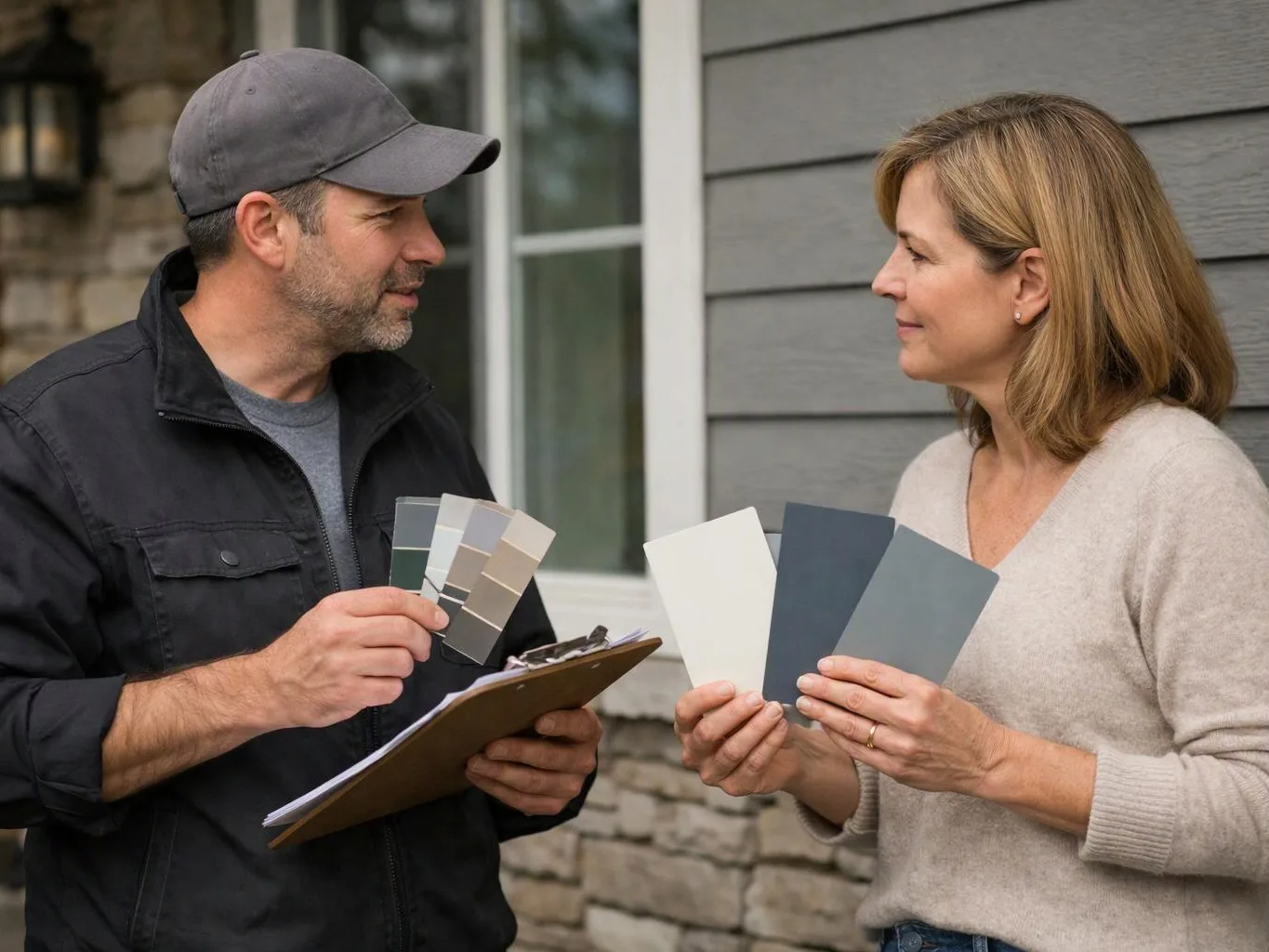 A man and woman compare paint swatches while standing outside a house