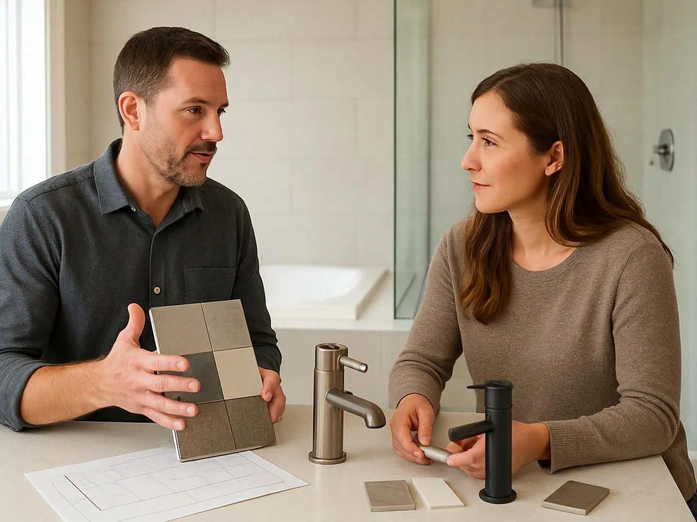 A man and woman examine faucet samples and tile swatches at a bathroom counter