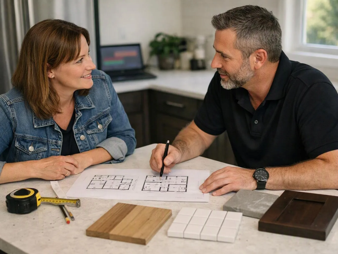 A man and woman smile over house floor plans at a kitchen counter with sample materials and tools