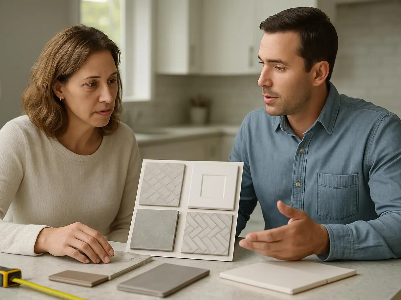 A man and woman study tile samples at a kitchen counter in a bright modern room