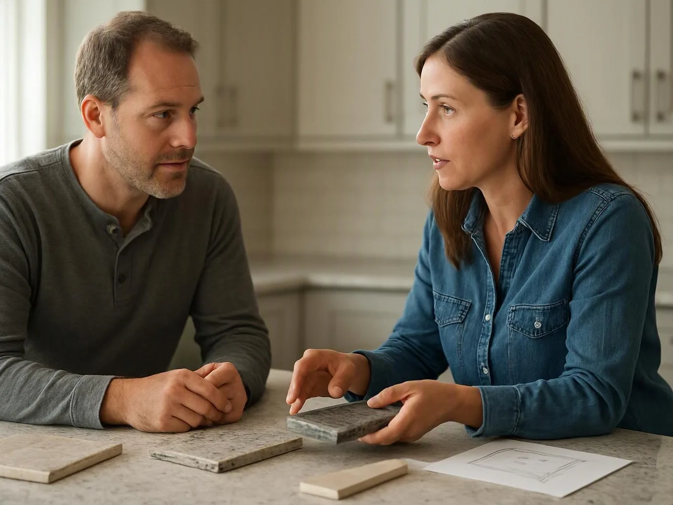 A man and woman talk at a kitchen counter while she holds up a sample tile and a paper sketch