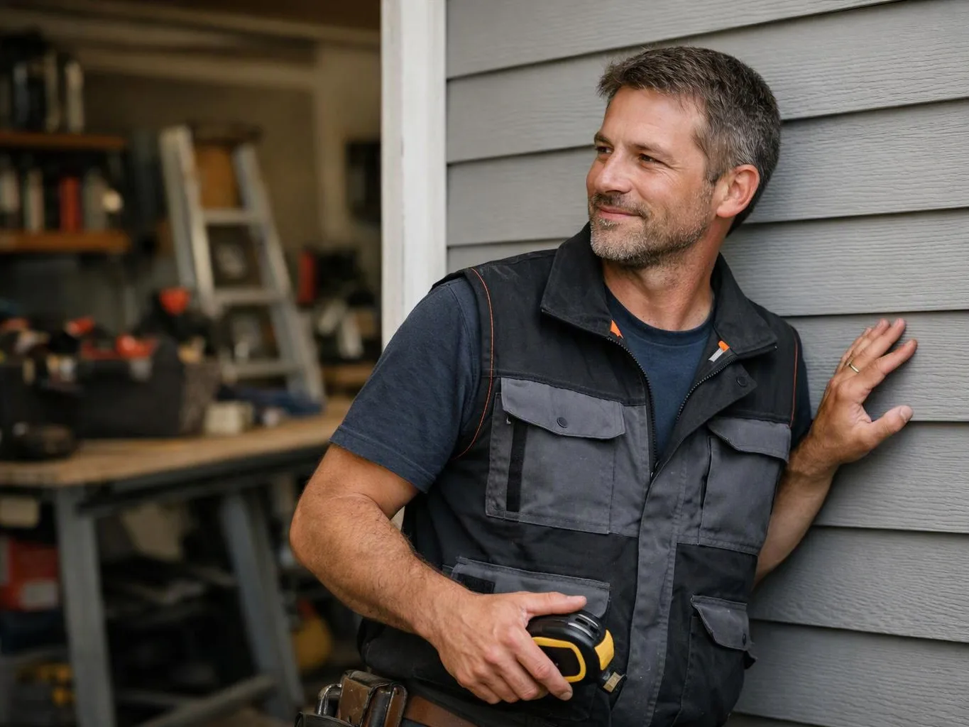 A man in work clothes stands by a gray wall, holding a tape measure near an open garage workspace