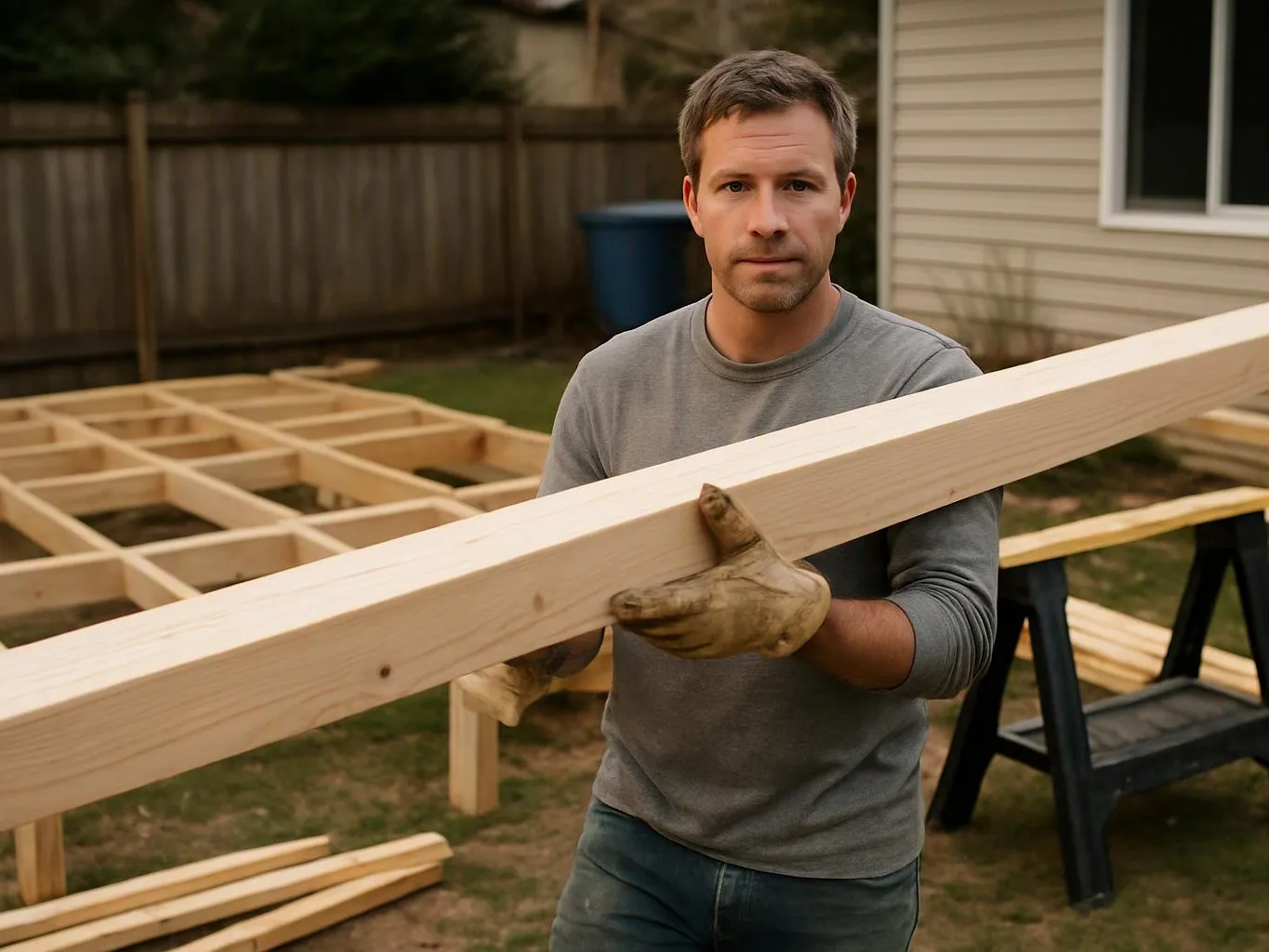 A man in work gloves holds a long wooden beam in a backyard framing area