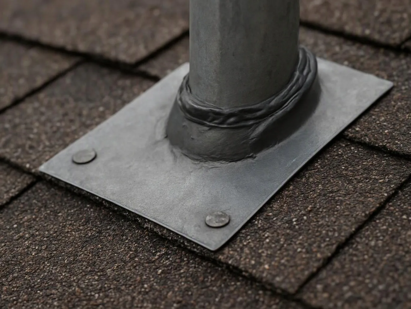 A metal pipe rises through roof shingles, sealed to a square flashing plate with two bolts