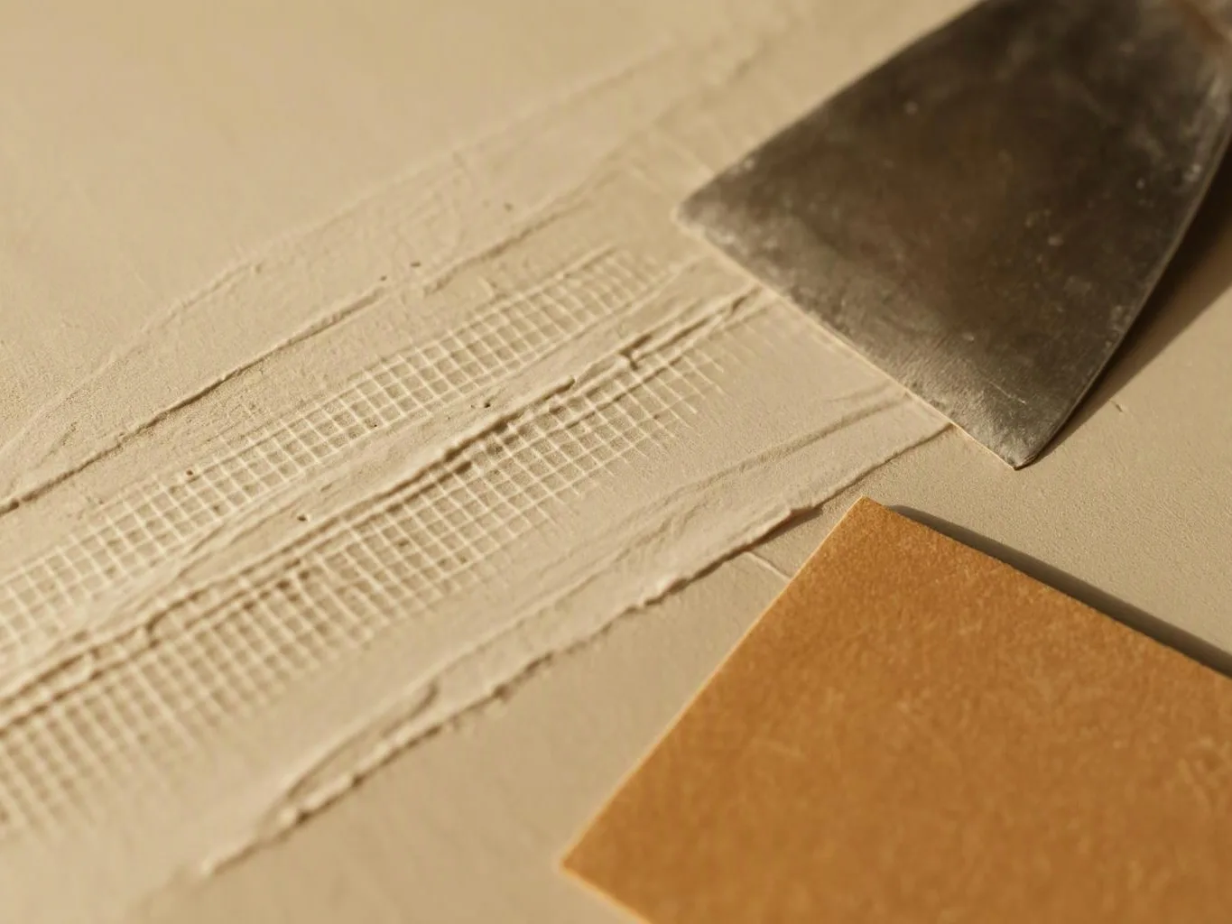 A metal putty knife spreads white filler over beige material beside a tan square swatch