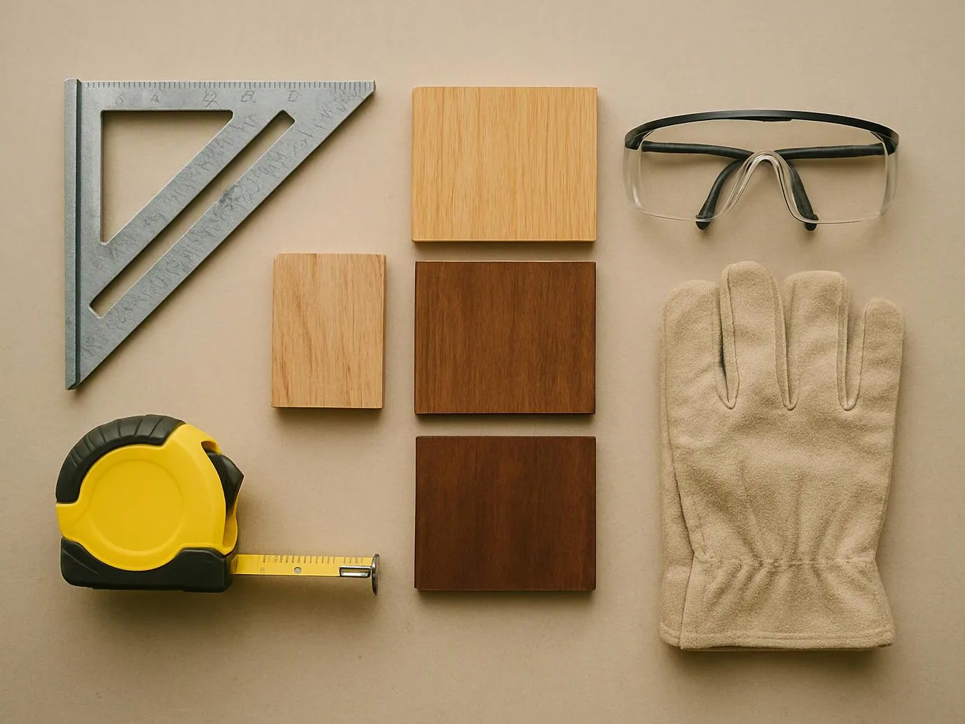 A metal square, tape measure, safety glasses, glove, and wood samples are arranged on a beige surface