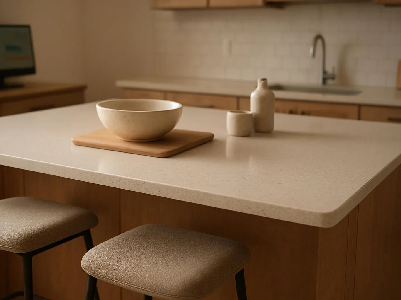 A minimalist kitchen island holds a bowl on a wooden board, with two stools in front and a sink behind
