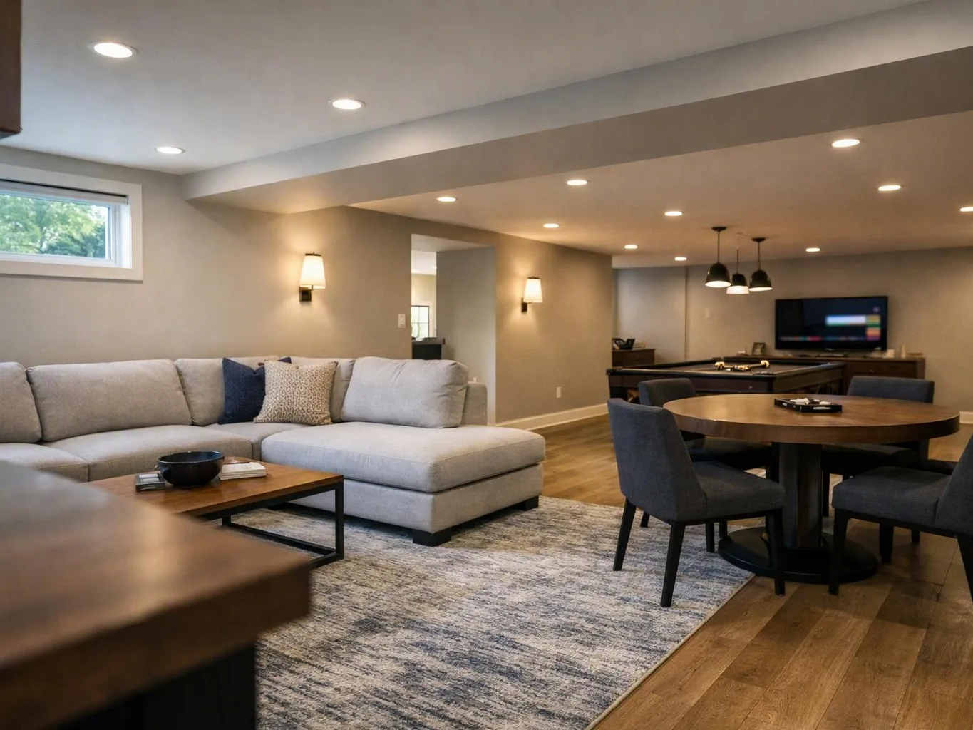 A modern basement living room shows a gray sectional, dining table, pool table, and wall-mounted TV under recessed lights