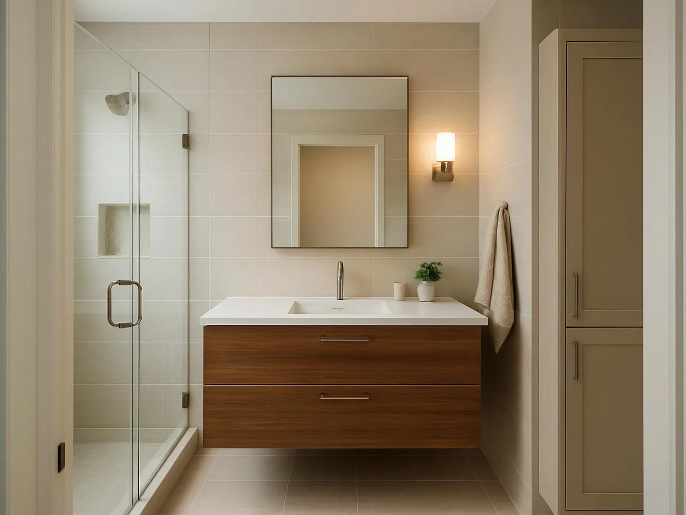 A modern bathroom shows a glass shower, floating wood vanity, wall mirror, and warm wall light