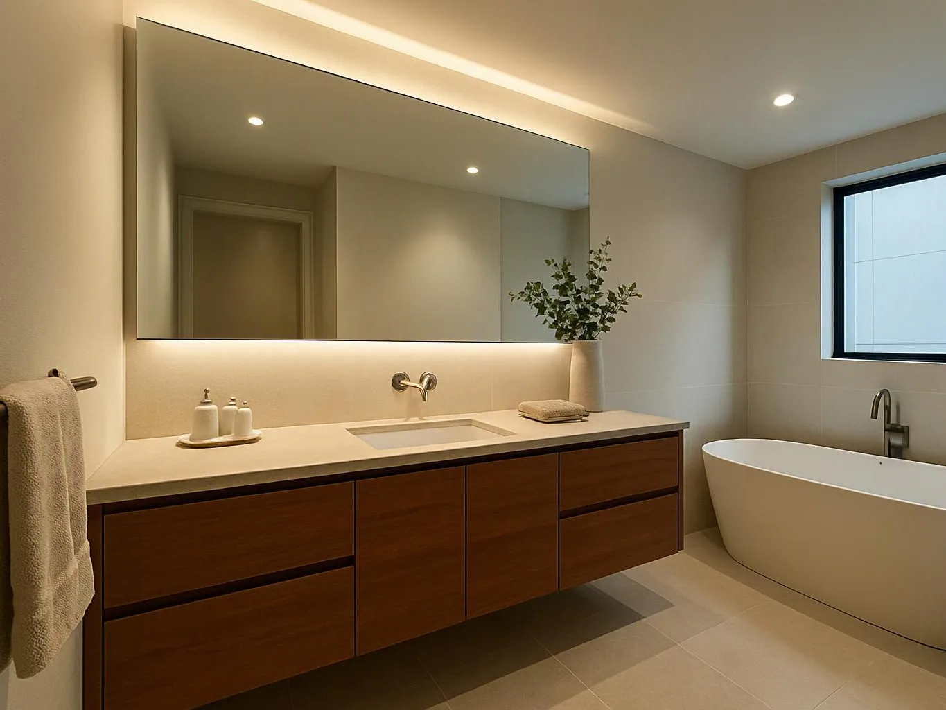 A modern bathroom shows a wood vanity, large mirror, freestanding tub, and a window with soft lighting