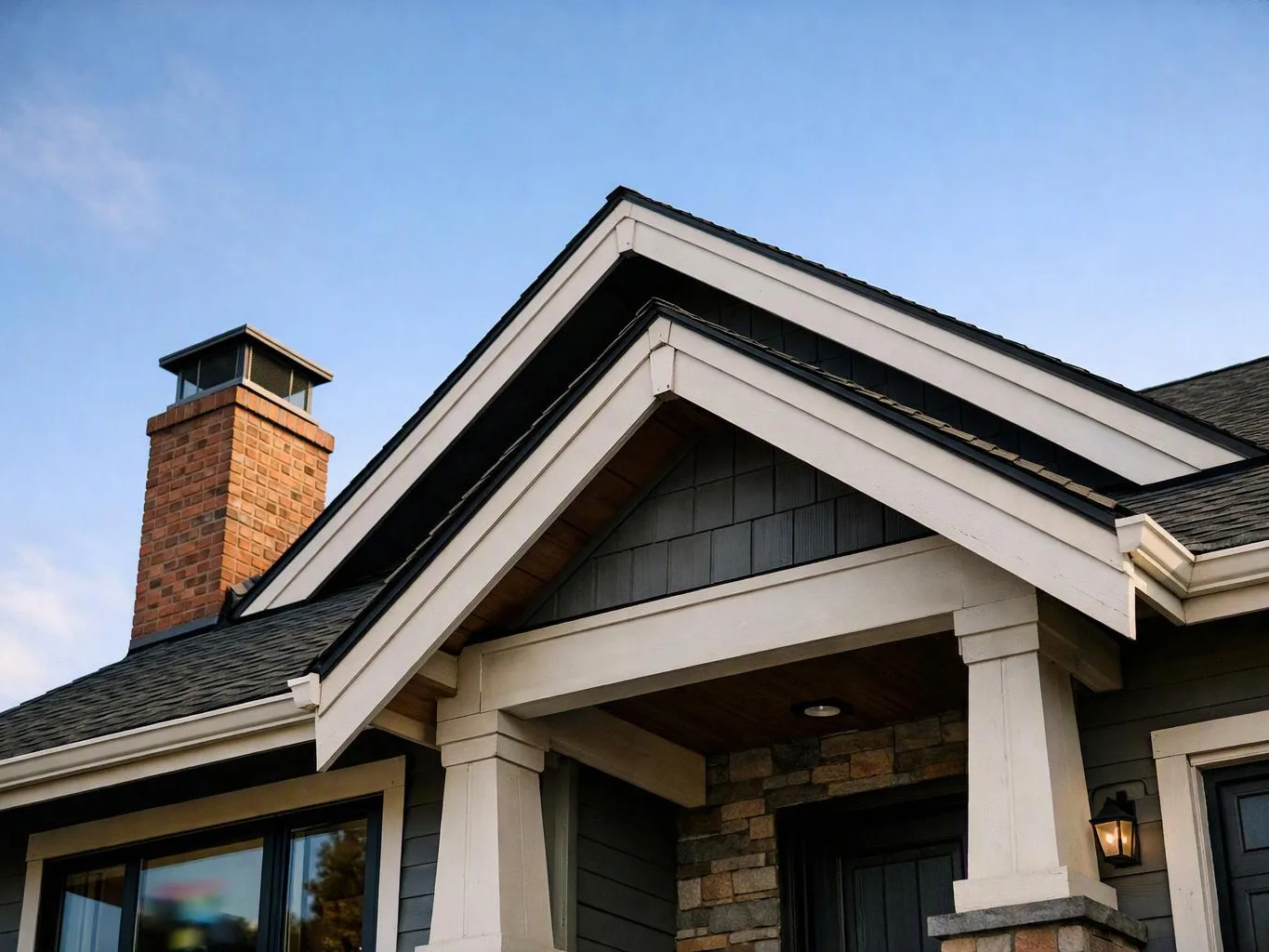 A modern house exterior shows a peaked roof, brick chimney, front porch, and dark siding under a blue sky