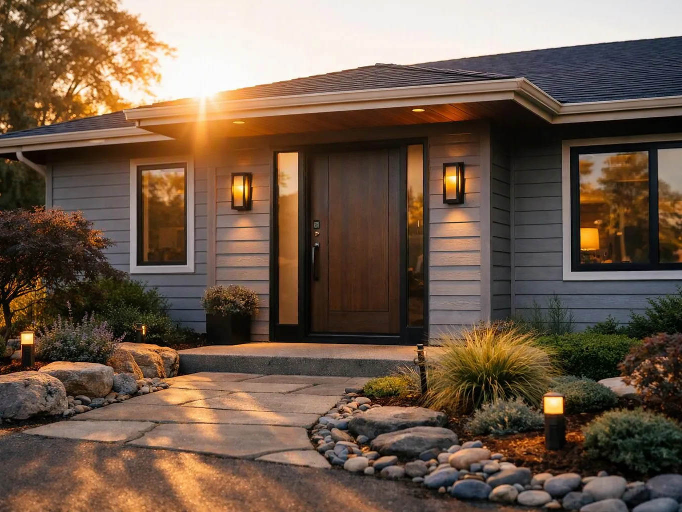 A modern house front with lit path lamps, a wooden door, and landscaped rocks at sunset
