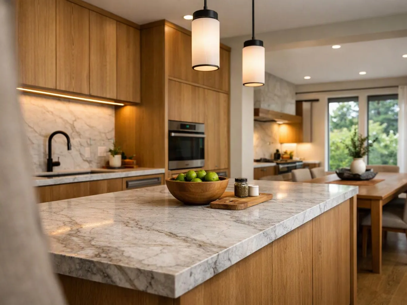 A modern kitchen with a marble island, wood cabinets, pendant lights, and a bowl of green apples