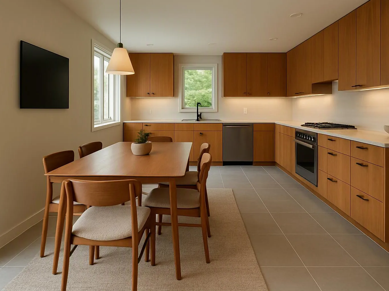 A modern kitchen with wooden cabinets, a dining table, and a hanging pendant light, seen in daylight