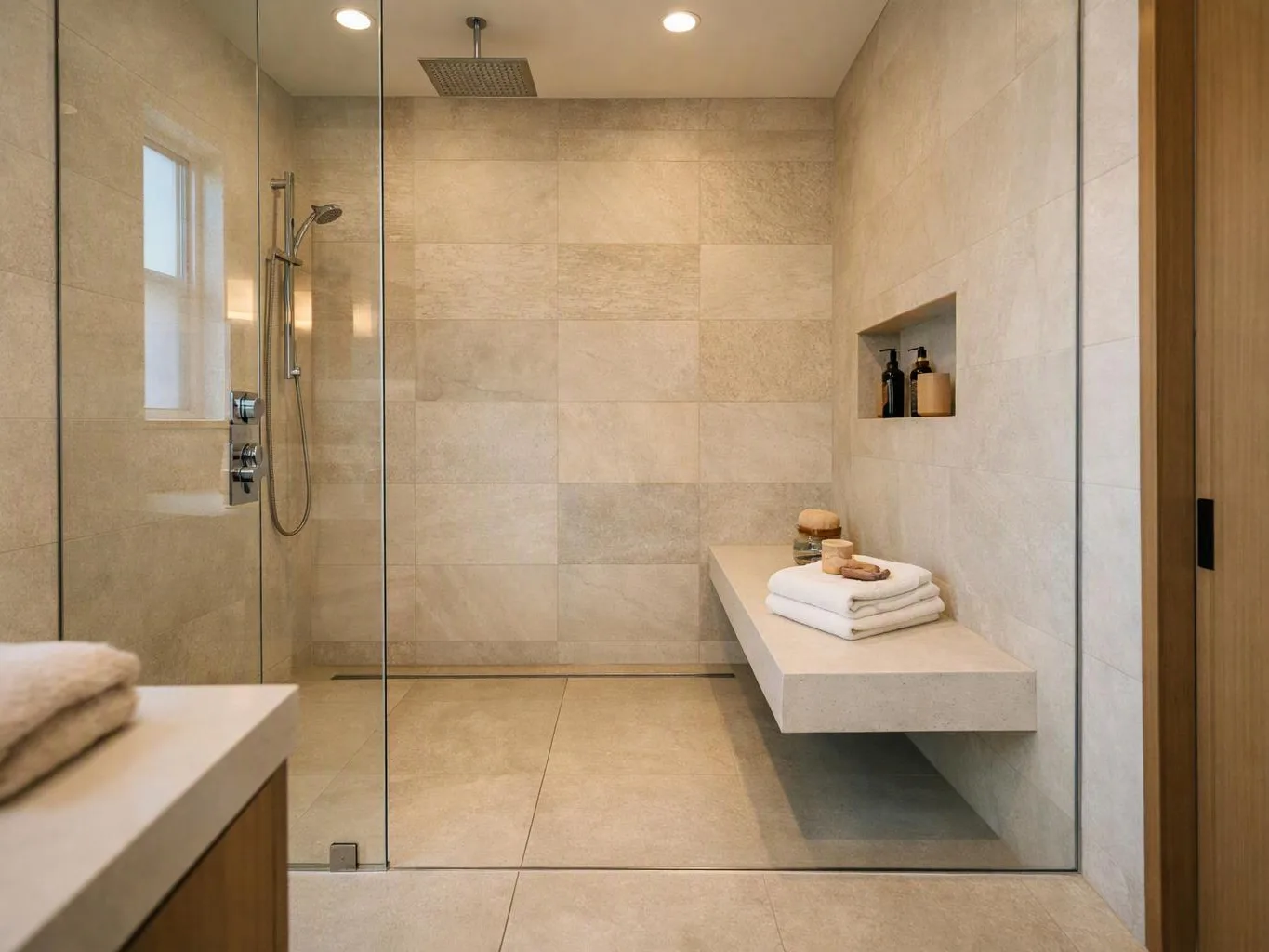 A modern tiled shower has a glass wall, built-in bench, recessed shelf, and folded towels under warm lights