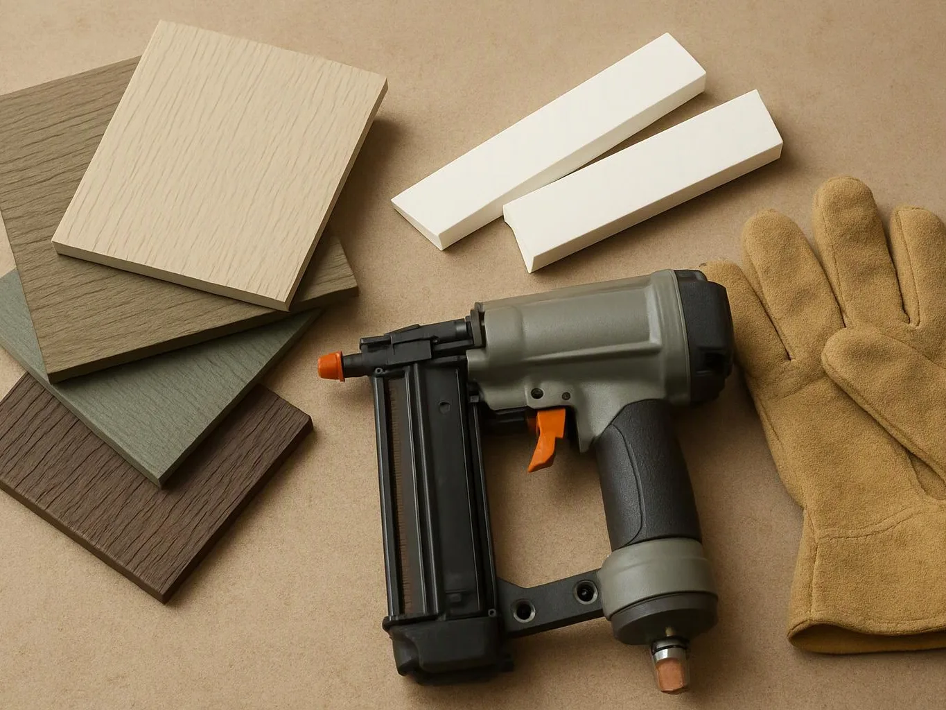 A nail gun, work glove, and stacked wood sample boards rest on a tan surface