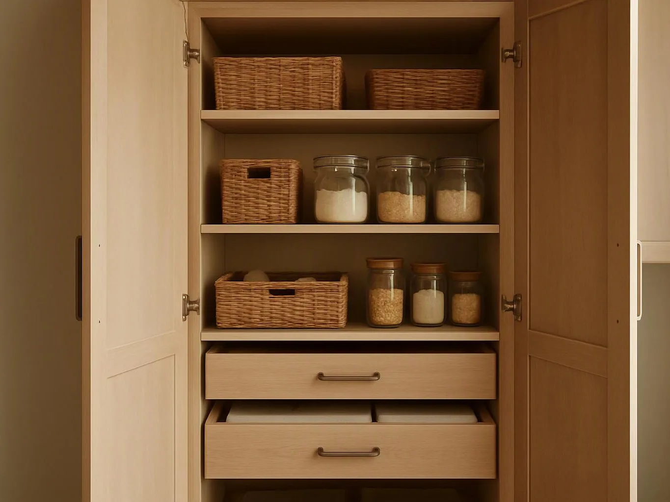 Open pantry cabinet with woven baskets, glass jars of dry goods, and two wooden drawers inside