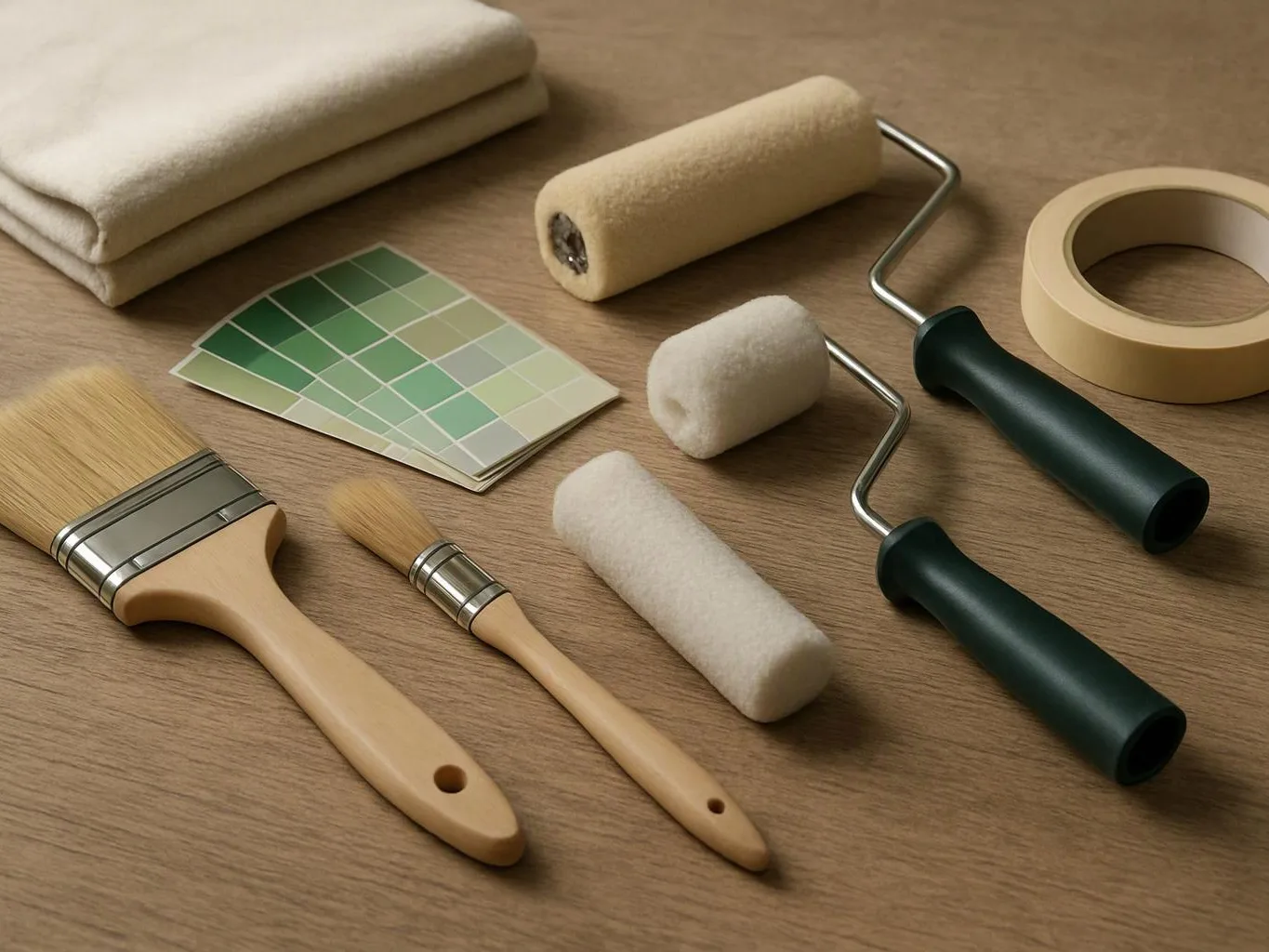 Paint brushes, rollers, masking tape, and color swatches lie neatly arranged on a wooden surface