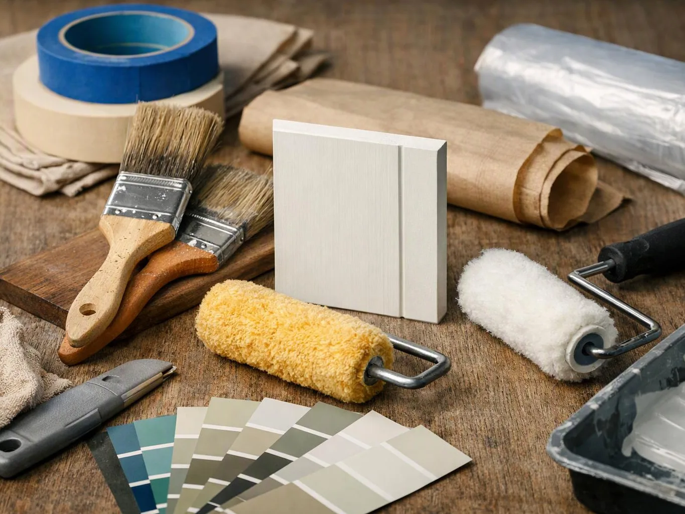 Paint brushes, rollers, tape, cloths, and color swatches are arranged around a white sample board on a wooden table