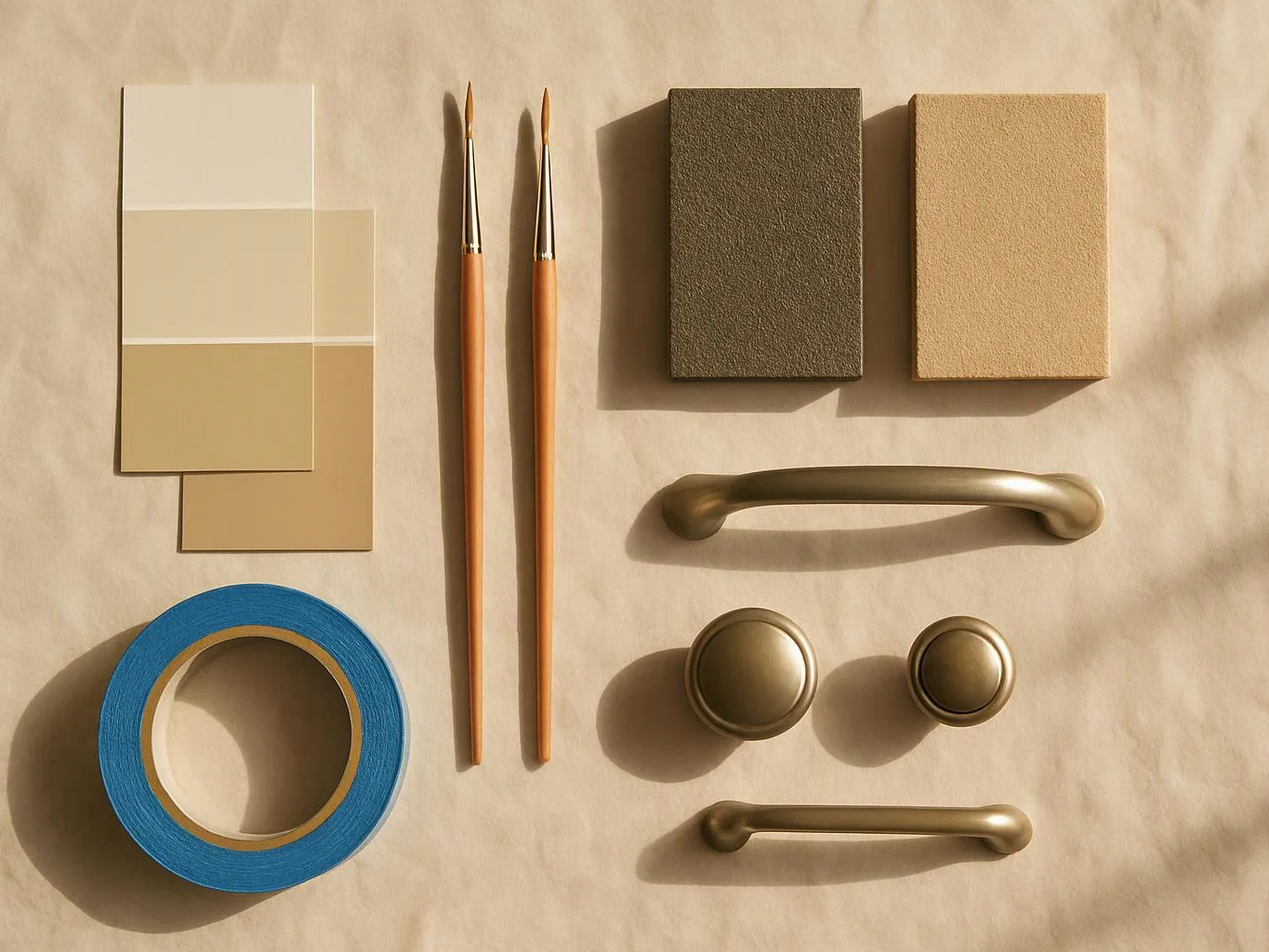 Paint samples, two brushes, blue tape, and gold cabinet hardware are arranged on a beige surface