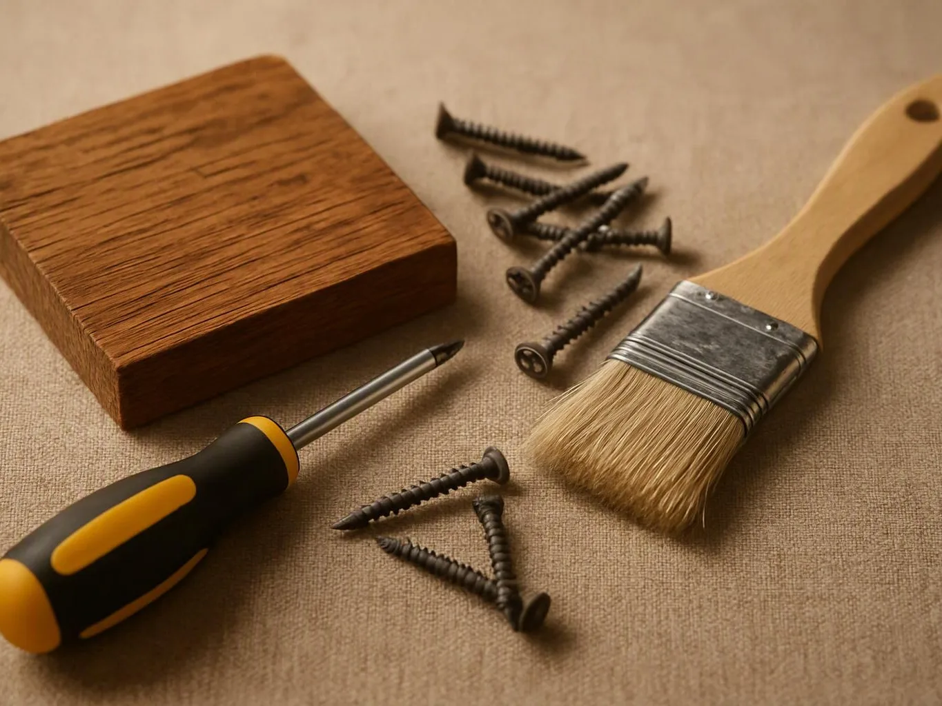 A paintbrush, screwdriver, screws, and a wood block lie on a beige fabric surface