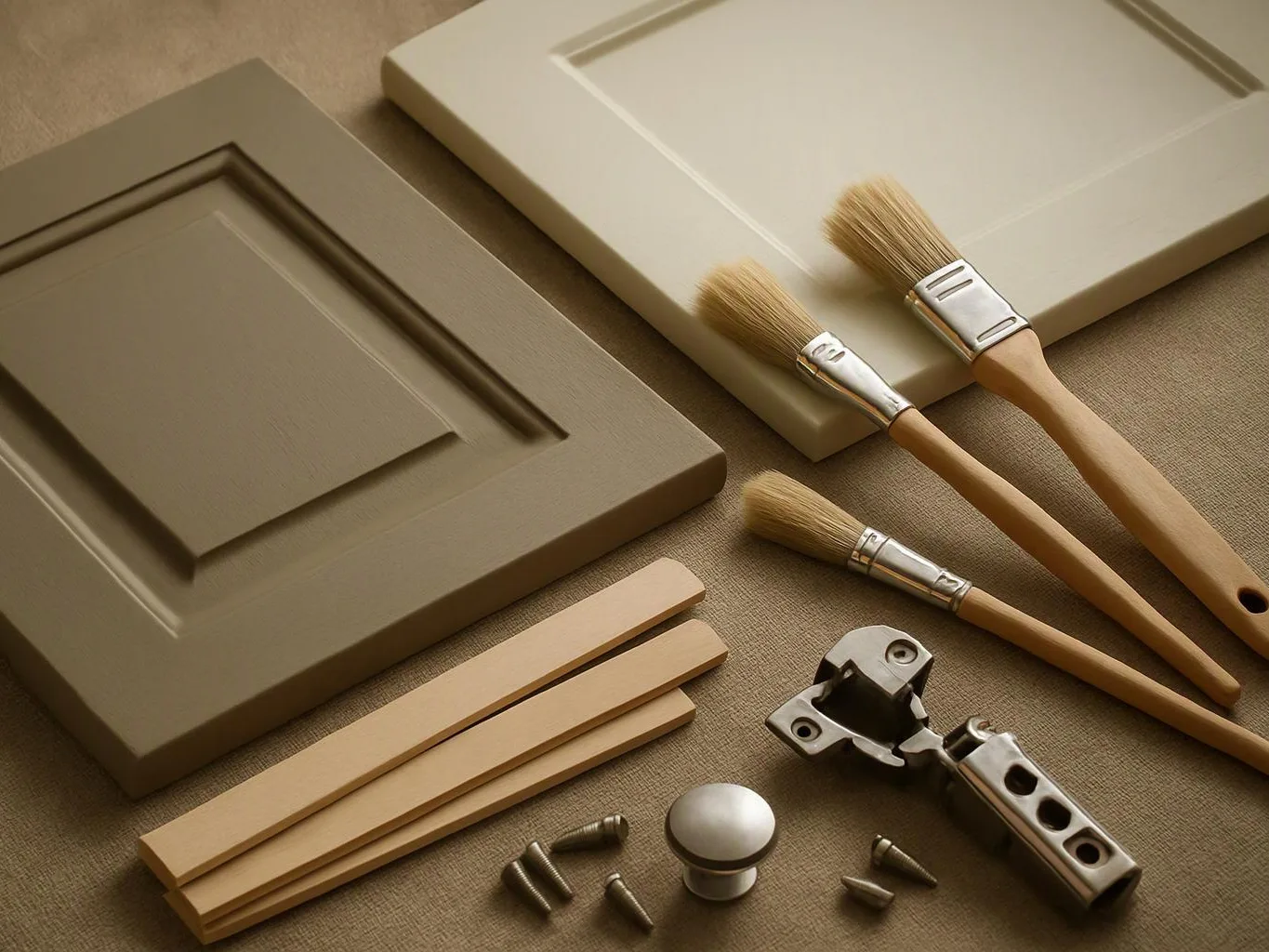 Painted cabinet doors, brushes, wood strips, screws, and a metal hinge lie arranged on a tan surface