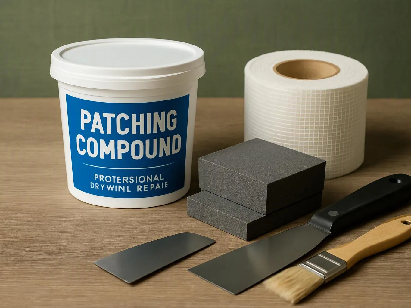 A patching compound bucket sits beside drywall tape, sanding sponges, putty knives, and a paintbrush on a wooden table
