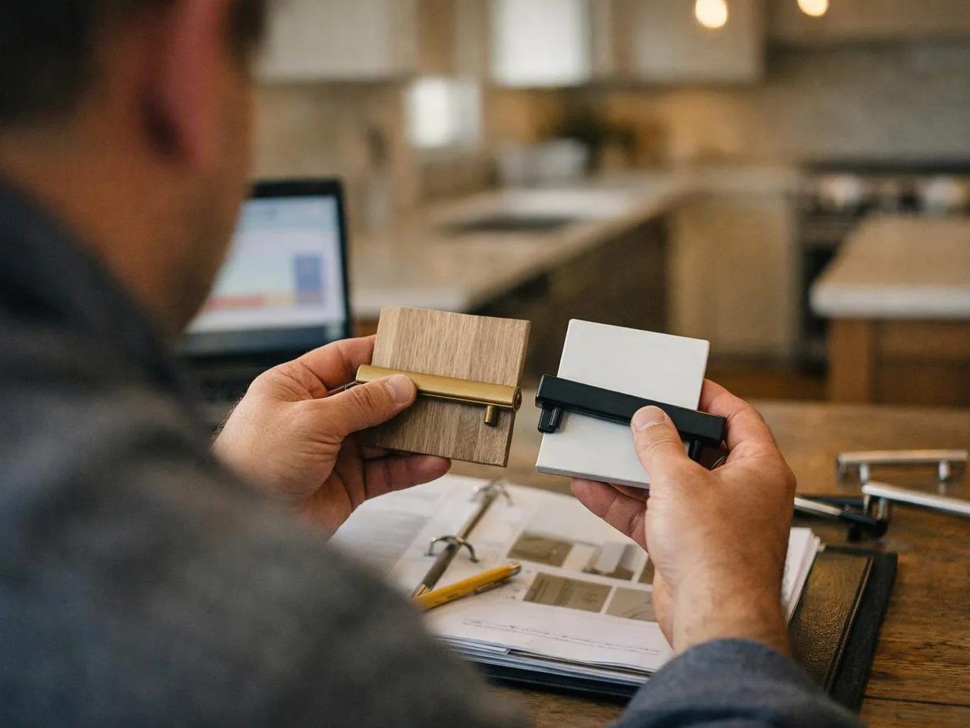 A person compares two cabinet hardware samples over a binder at a kitchen table