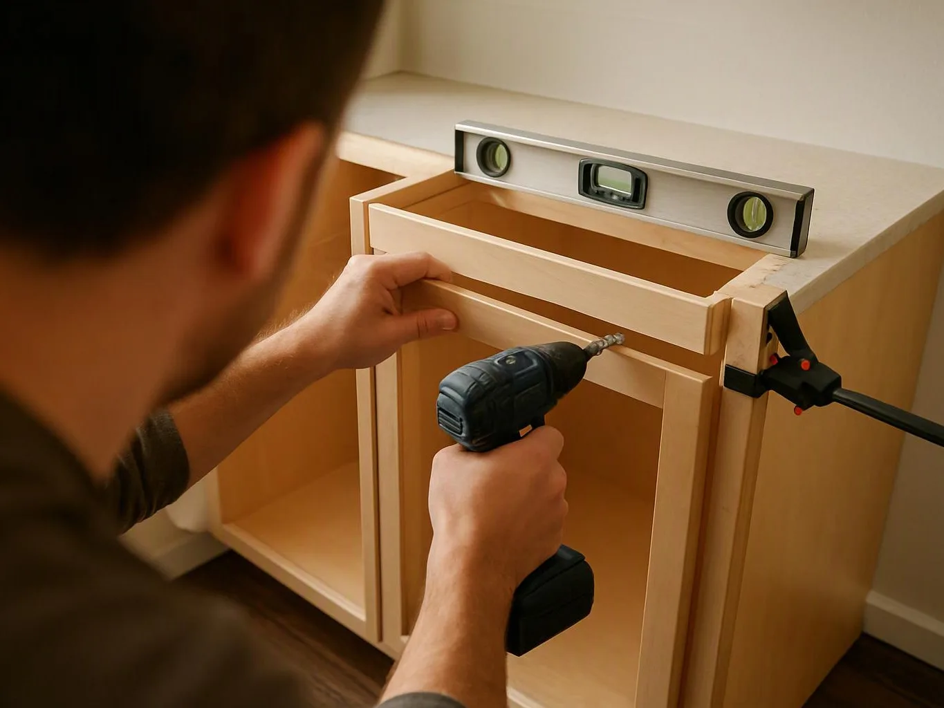 A person drills a cabinet frame while holding it steady, with a level and clamp on top in a room