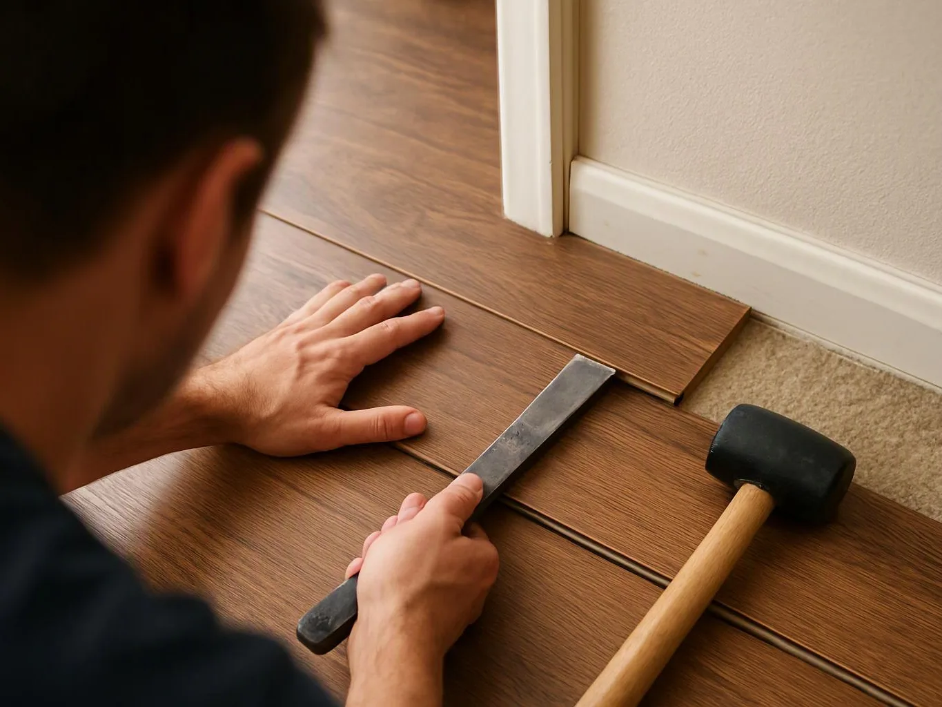 A person fits wood flooring beside a doorway, holding a tool and a rubber mallet on a beige carpeted floor