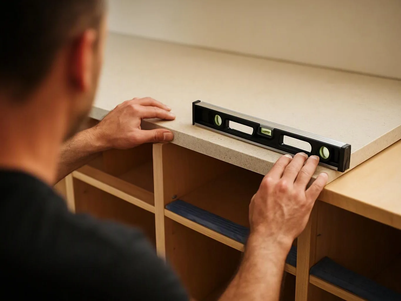 A person measures a cabinet top with a spirit level in a bright room