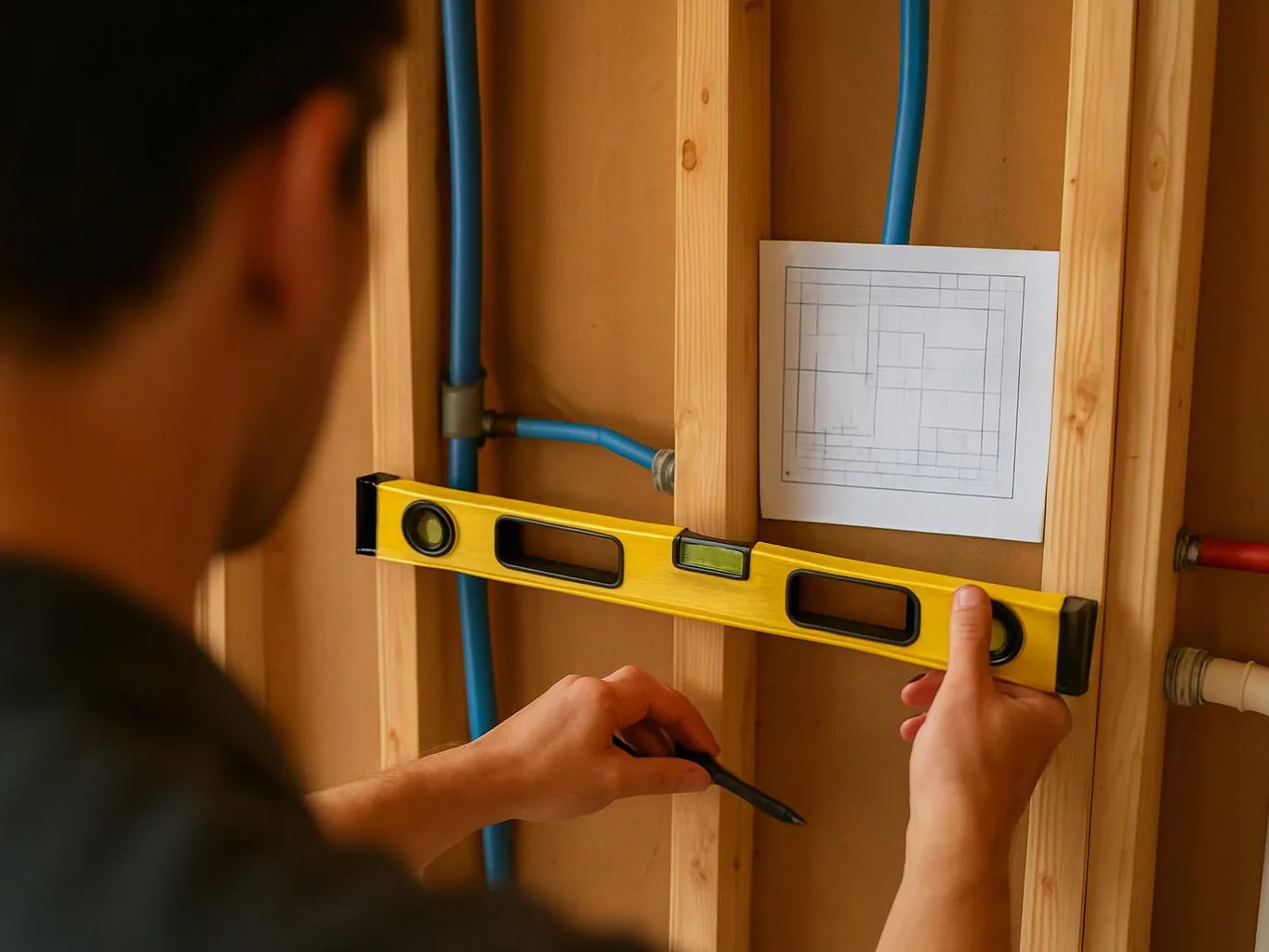 A person measures a framed wall with a yellow level beside blue pipes and a sketch on the wood studs