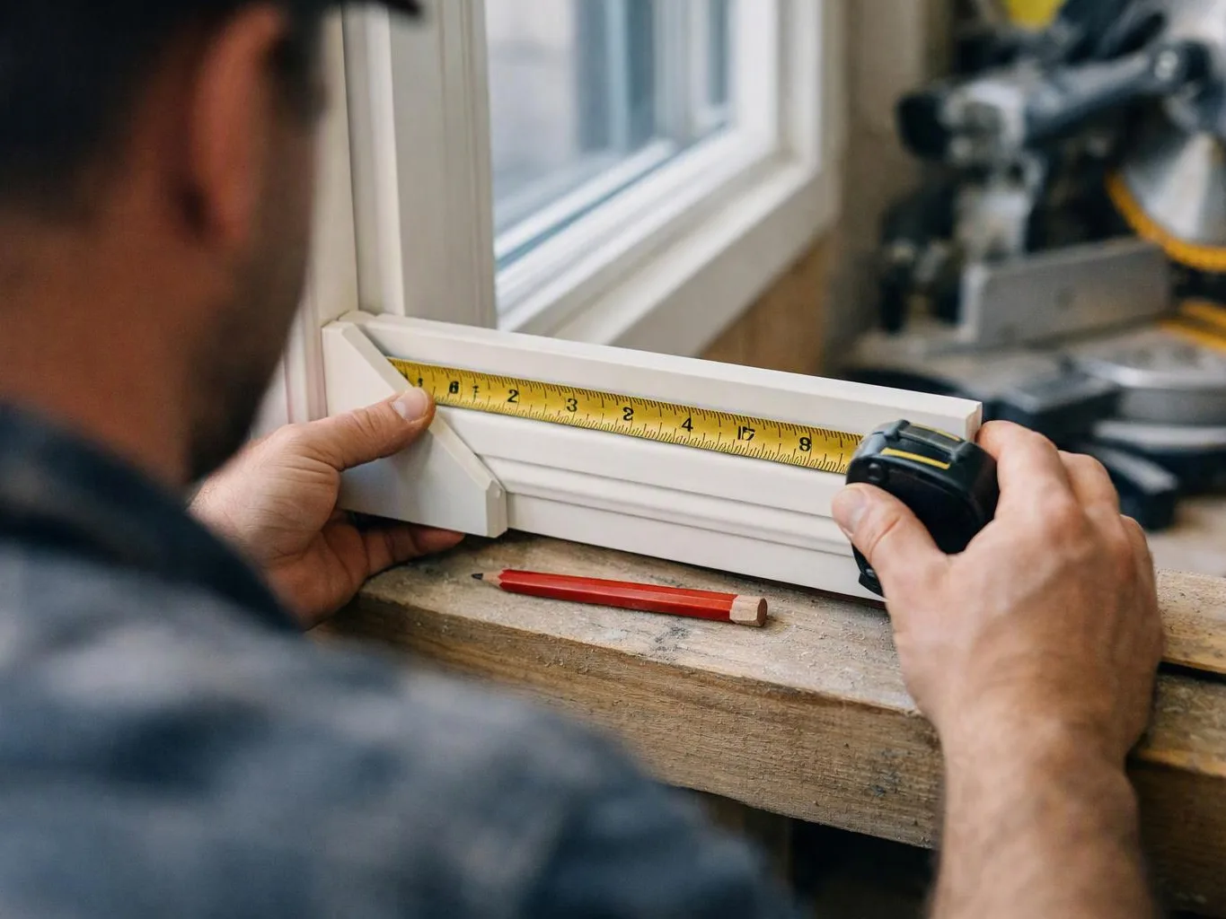 A person measures a white window trim piece with a tape measure on a workbench, with a pencil nearby